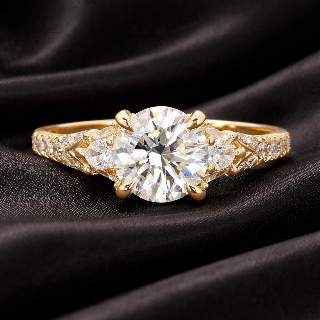 1.86ctw-Round-Diamond-with-Pear-Diamond-Accents-Engagement-Ring-GIA-Certified-in-14K-Yellow-Gold-Front