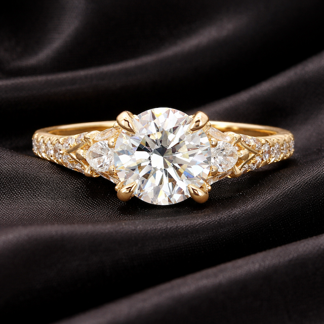 1.86ctw-Round-Diamond-with-Pear-Diamond-Accents-Engagement-Ring-GIA-Certified-in-14K-Yellow-Gold-Front